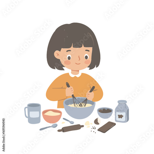Young girl baking in the kitchen, mixing ingredients for delicious dessert