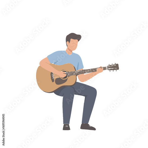 Man playing acoustic guitar sitting down flat illustration music concept