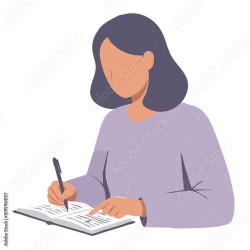 Woman writing in a notebook with a pen, studying or taking notes on white background
