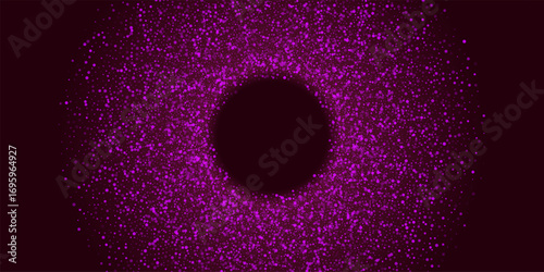 Abstract glowing dotted circular background. Purple particle ring made of small light dots on dark backdrop. Futuristic, cosmic, digital, tech design. Vector illustration.