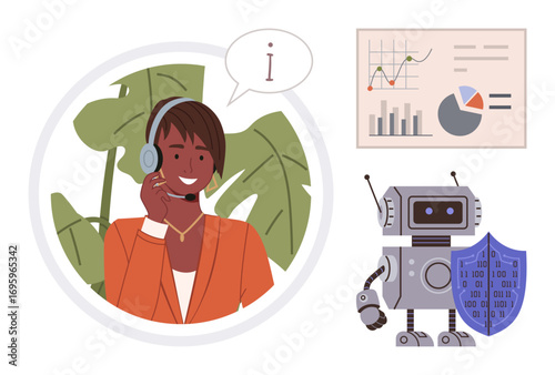 Customer support agent wearing headset communicating with a client, AI robot holding security shield, and analysis charts presenting growth statistics. Ideal for technology, AI, data, service