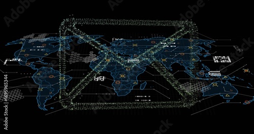 Floating 3D particle envelope hovering over virtual world map, with hex grid lines and data nodes