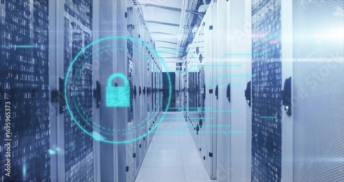Displaying central data center corridor showing holographic lock icon, with server racks and cables