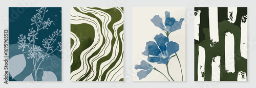Abstract wall art vector set. Natural and organic shape with blue and green watercolor texture in earth tone colors. Illustration design for Eco packaging, interior, cover, wall art, wallpaper.