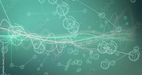 Displaying network connections on teal gradient background, with circular nodes and waveforms