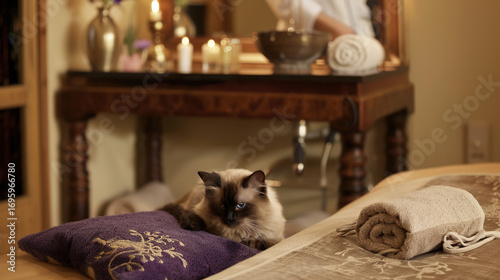 Wallpaper Mural The beautician in linen robe blends essential oils at the sandalwood table, the Siamese cat curled up on the velvet pad to nap, and the entire spa was filled with the soothing breath of lavender and s Torontodigital.ca