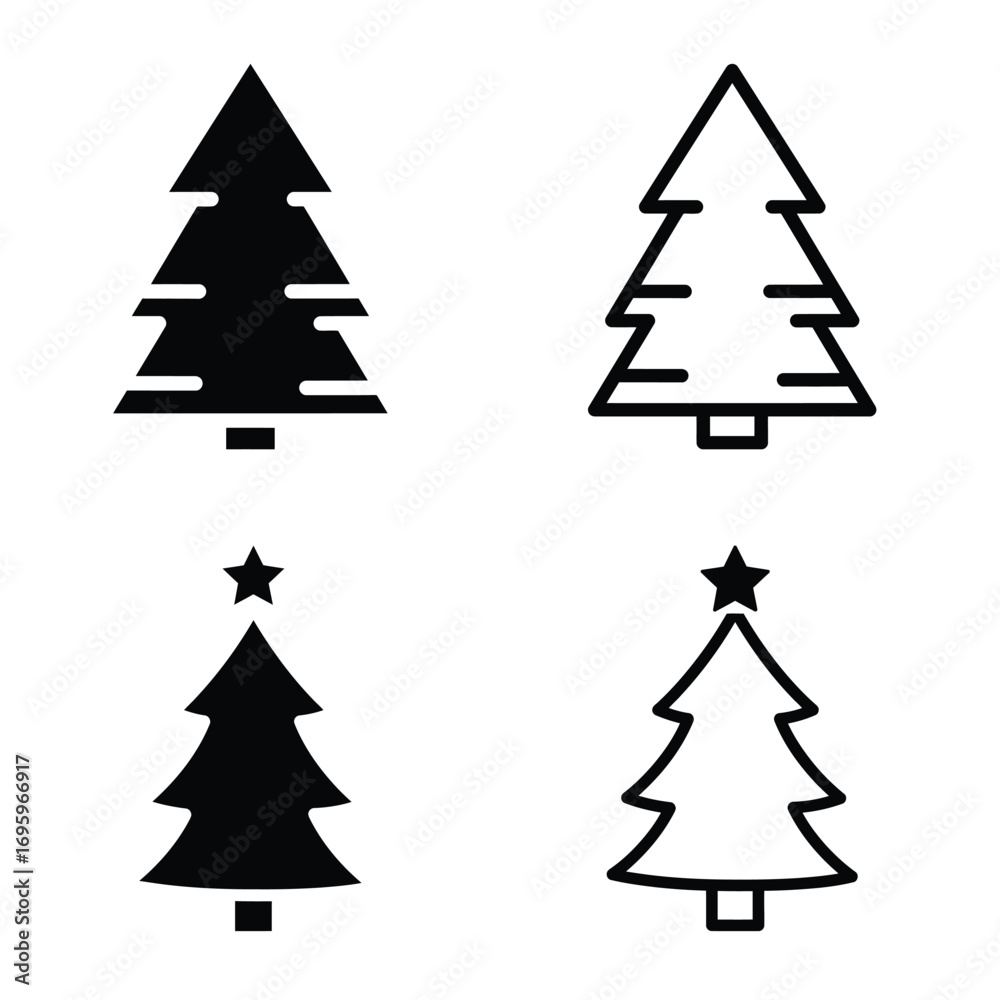 Obraz premium Christmas tree vector icon set, black color and white background.