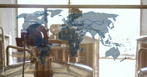 Showing stainless steel tank featuring welded pipes inside pilot plant, with world map data overlay
