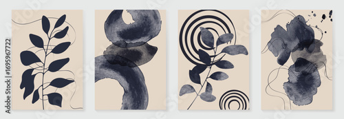 Abstract wall art vector set. Natural and organic shape with blue watercolor texture in earth tone colors. Illustration design for Eco packaging, interior, cover, wall art, wallpaper.
