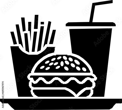 Burger on tray with fries and drink, black and white fast food combo silhouette vector illustration. On white background.