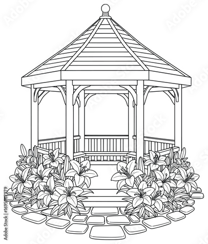 Gazebo vector illustration with wooden pavilion structure surrounded by blooming flowers and stone pathway designed as a decorative architectural element for outdoor garden use