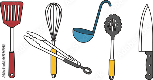 Collection of colorful kitchen utensils for cooking and baking