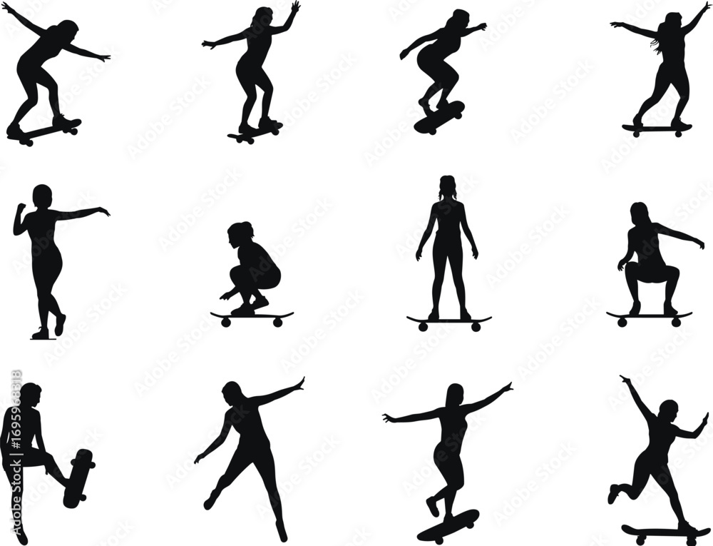 custom made wallpaper toronto digitalFemale skateboarder silhouette collection, girl skateboarding poses, active lifestyle icons, flat vector illustration, sports action symbols, black isolated design