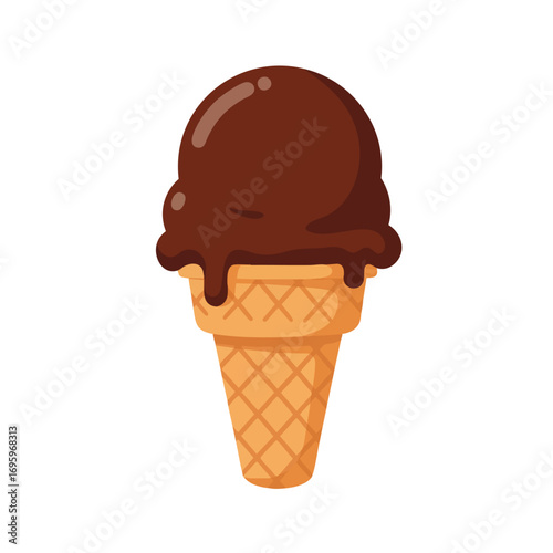 Chocolate ice cream in a waffle cone on a white background, a sweet and refreshing summer dessert