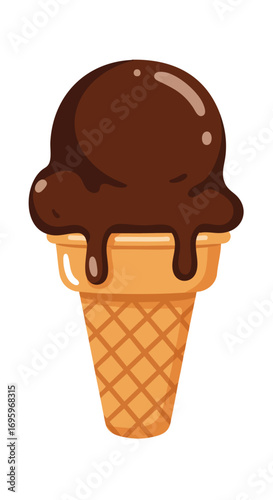 A refreshing scoop of brown chocolate ice cream on a crispy waffle cone is a sweet and cold summer dessert