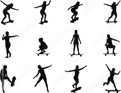 Wallpaper Mural Female skateboarder silhouette collection, girl skateboarding poses, active lifestyle icons, flat vector illustration, sports action symbols, black isolated design Torontodigital.ca