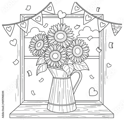 Sunflower vector illustration with blooming flowers arranged in a rustic jug placed on a wooden windowsill framed by heart bunting and confetti as a cheerful decorative design
