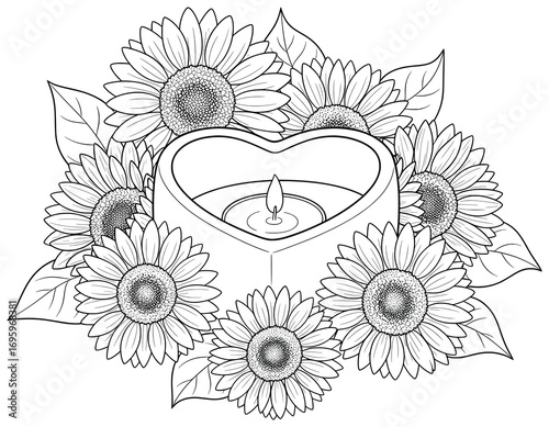 Sunflower vector illustration with blooming flowers arranged in a circular wreath surrounding a heart shaped candle holder with a burning flame as a romantic decorative design