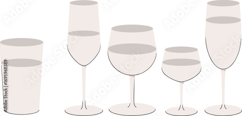Different types of transparent drinking glasses and wine glasses, flat vector illustration, beverage containers, glassware collection, minimal design, elegant glass shapes
