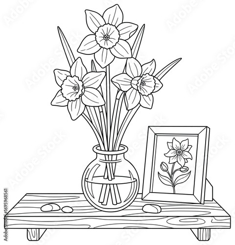 Daffodil illustration featuring a vase of blooming flowers on a wooden shelf with a framed artwork design in a clean black and white vector style