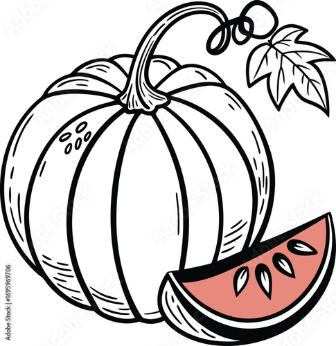 Fall harvest pumpkin sketch with vibrant slice, perfect for autumn designs and seasonal promotions