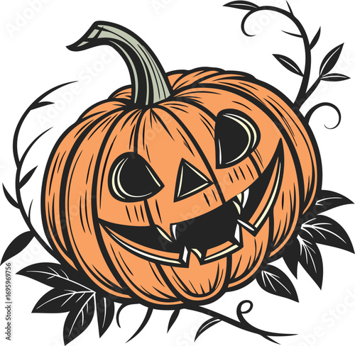 Spooky Jack-o'-lantern with eerie vines, perfect for Halloween season designs and festive fall events