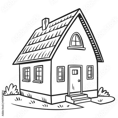 Charming outlined house illustration evoking cozy comfort, perfect for real estate marketing, home design projects, and architectural visuals, originally a vector