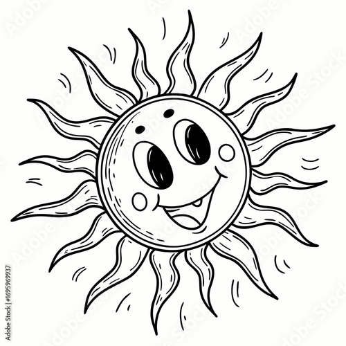 Cheerful sun cartoon radiating joy, perfect for kids' designs, summer themes, and playful illustrations, originally a scalable graphic