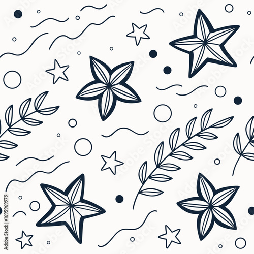Elegant nautical pattern with stars and waves for a modern ocean themed design, perfect for textiles, wallpaper or stationary with a fresh, clean aesthetic