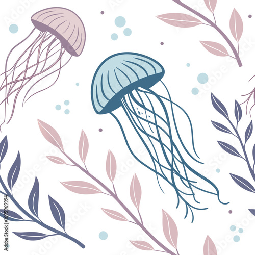 Whimsical jellyfish and leaves create a dreamy, modern pattern perfect for ocean-themed designs and delightful, calming backgrounds or textile prints
