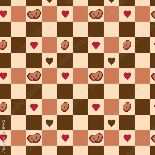 Seamless vector checkerboard pattern with coffee beans and red hearts on beige and brown squares, perfect for cafe decor, packaging, textiles, and romantic coffee shop design