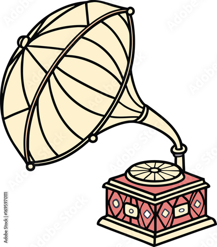 Vintage gramophone illustration evokes nostalgia and timeless music appreciation, perfect for retro themes