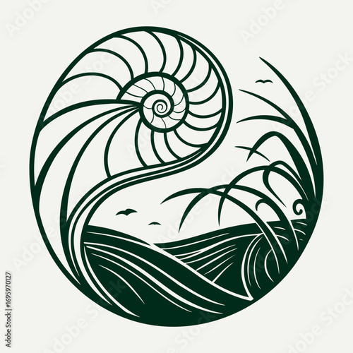 Stunning nautilus shell spiral with ocean waves and birds, perfect for coastal decor and serene designs, bringing nature's beauty to your project