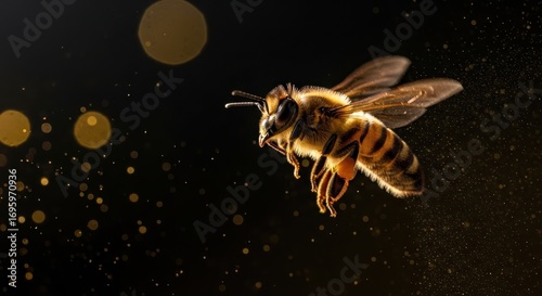 Macro Photography of Honey Bee in Flight Against Black Background
