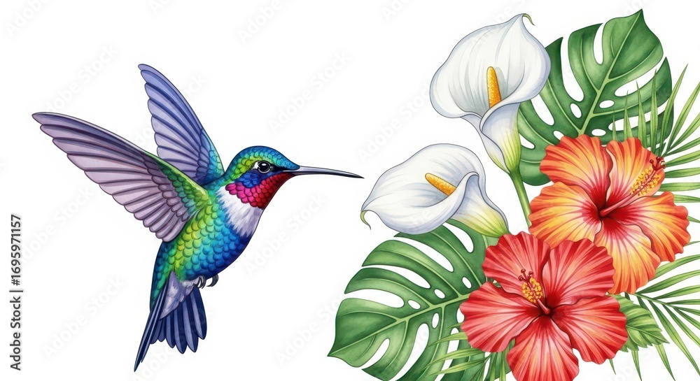 Obraz premium Hummingbird and Tropical Flowers Watercolor Illustration