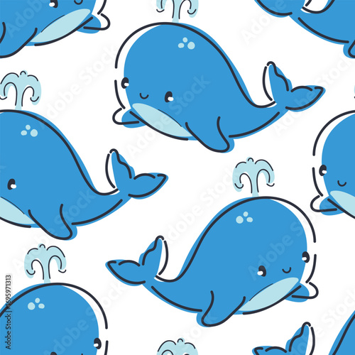 Blue Whale Pattern Sea Animal Seamless Vector Hand Drawn