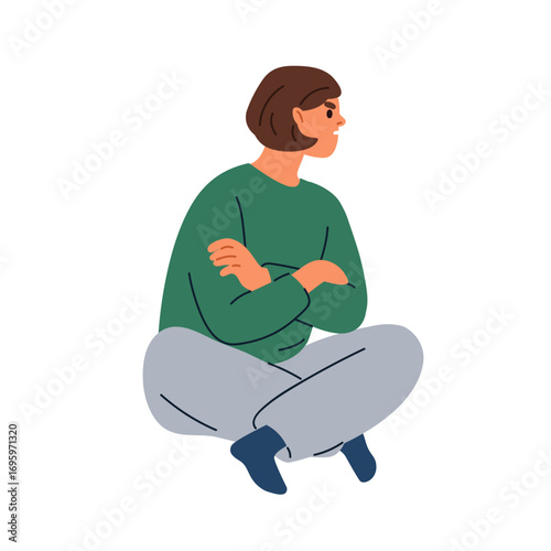 Angry annoyed woman sitting with arms and legs crossed. Frustrated disappointed female with furious irritated face expression. Annoyance emotion. Flat vector illustration isolated on white background