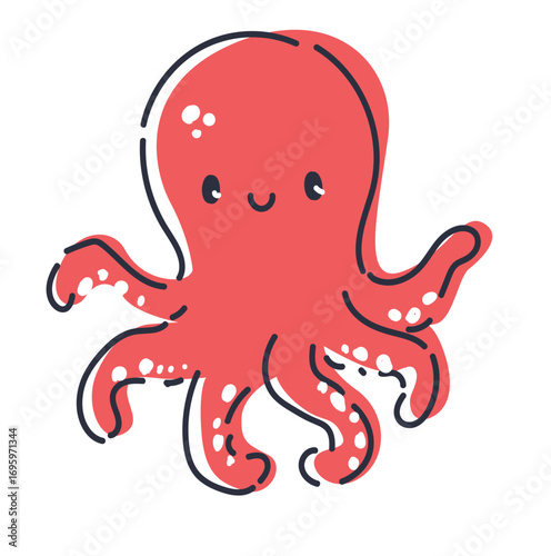 Cute Red Octopus Cartoon Sea Animal Vector Hand Drawn
