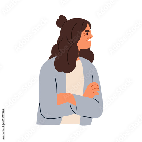Angry woman with arms crossed. Furious female with frowning expression, irritated annoyed emotion, looking with irritation, hatred, disgust. Flat vector illustration isolated on white background