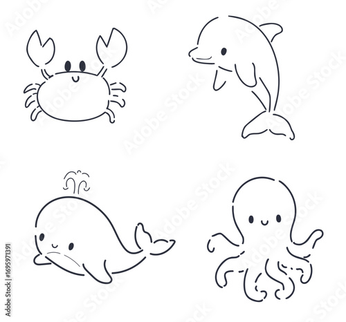 Cute Marine Animals Set Octopus Dolphin Whale Vector Hand Drawn