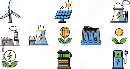 Collection of renewable energy sources and power generation icons