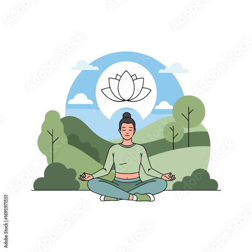 Young woman practicing mindfulness meditation in lotus pose.