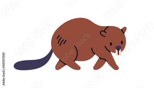 Beaver, wild forest animal. Cute brown rodent walking, running. Mammal profile, side view, with teeth. Fauna, wildlife, zoology. Flat vector illustration isolated on white background