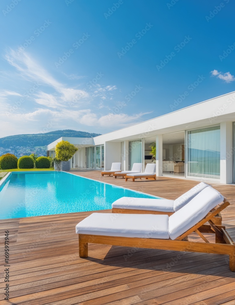 Fototapeta premium A luxurious, modern villa boasts a pristine pool and sun deck area on a bright, sunny day.