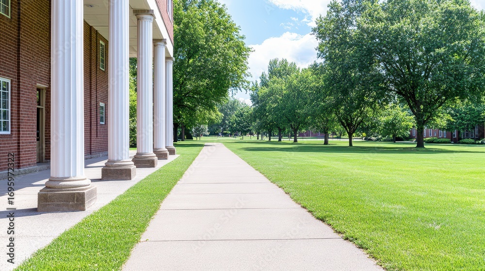 Naklejka premium University walkway with colonnade and lush green surroundings