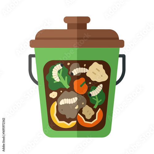 Green compost bin filled with food scraps, vegetables, and composting worms.