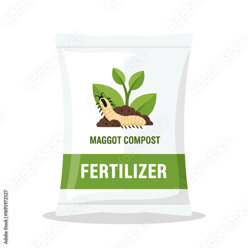 A bag of organic maggot compost fertilizer with a larva and sprout icon for gardening and sustainable agriculture