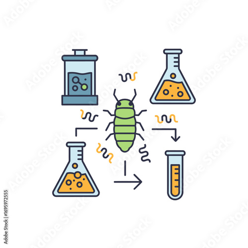 A stylized illustration of a bug surrounded by lab equipment, representing scientific processes.