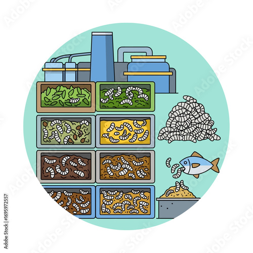 Illustration depicting a sustainable food production system using insect farming, showcasing larvae in trays feeding a fish, with a factory in the background.