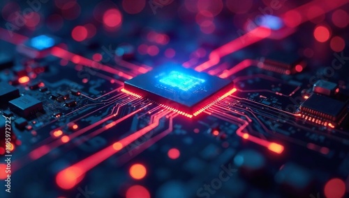 Close-up shot of a futuristic circuit board, glowing nodes representing a digital network architecture, illustrating the concept of a blueprint for the internet , machine learning, visualization